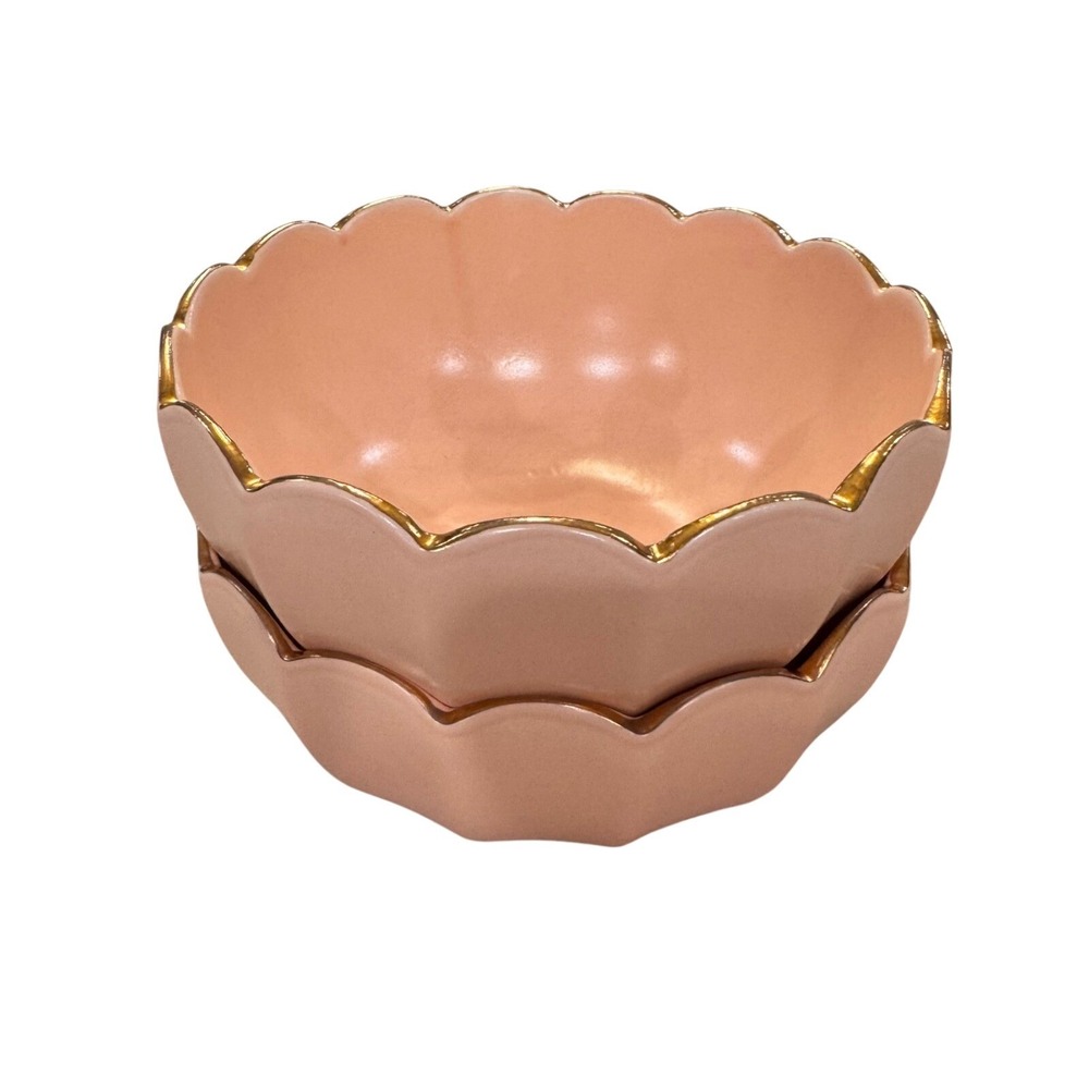 Parisian Pink Blush Scallop Ceramic Bowls Dish Gold Trim Coquette Glam Set of 2